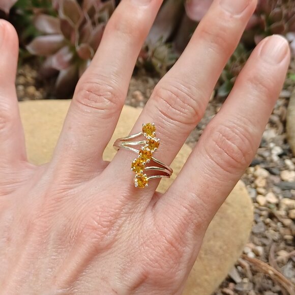 Estate Jewelry - 90s Vintage 925 Sterling + Citrine Bypass Ring, Sz 6.75/7, Eclectic & Quirky